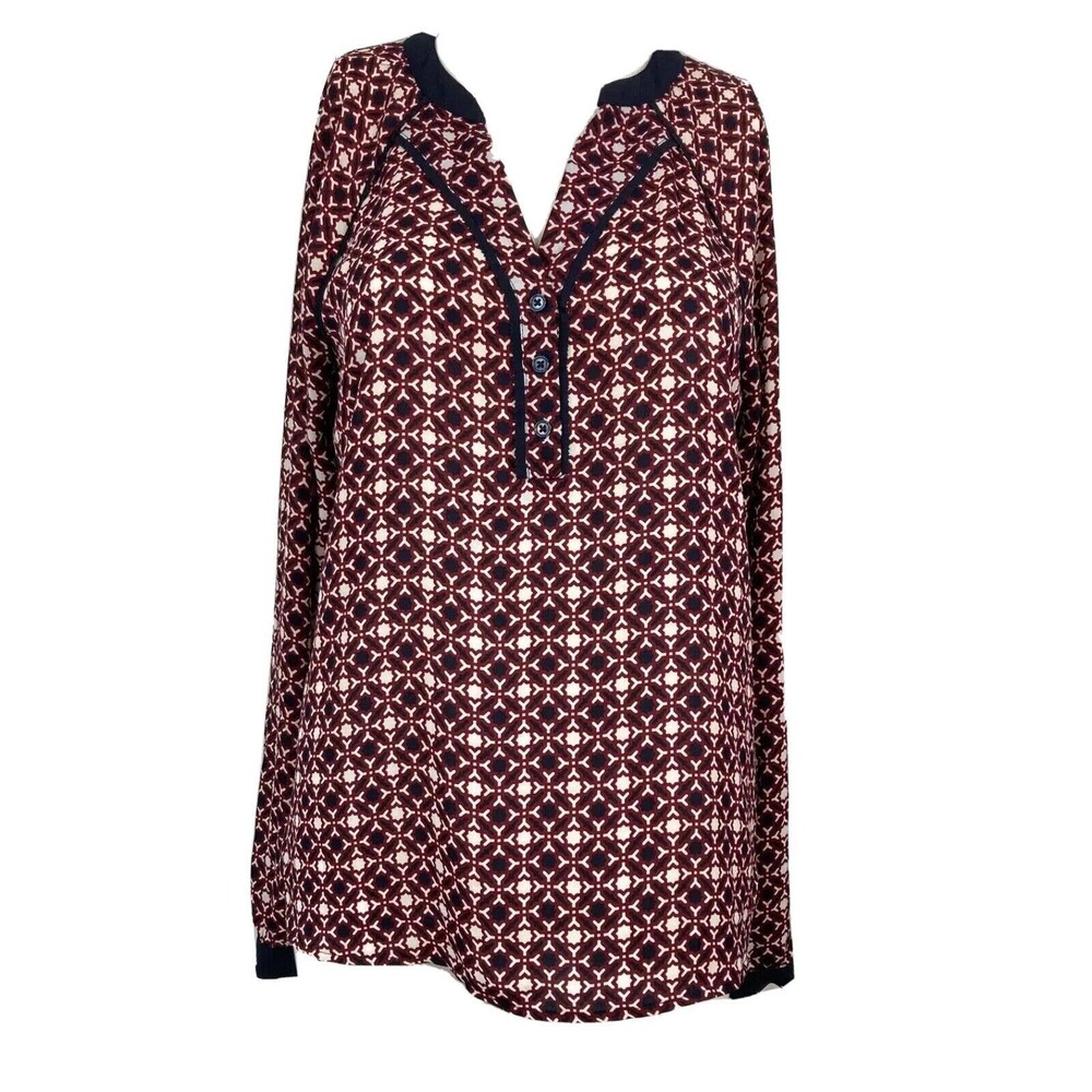 41 Hawthorn Shirt Womens Sz M Maroon Blue‎ Print Pull Over Button V Neck Tunic